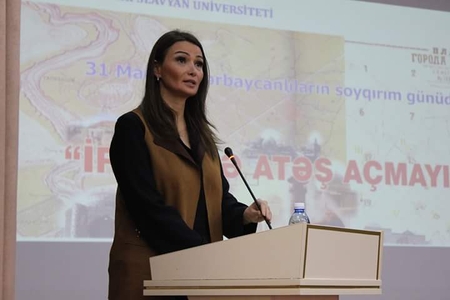 Qənirə Paşayeva Bakı Slavyan Universitetində 31 Mart soyqırımı ilə bağlı çıxış edib