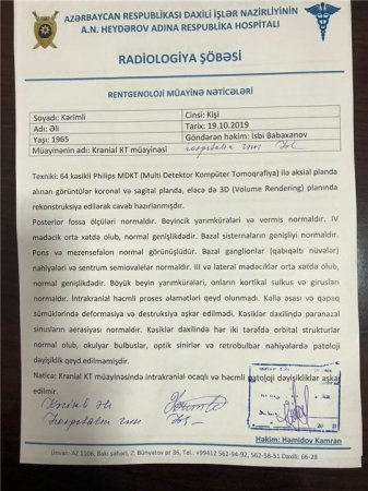 “Əli Kərimli bütün müayinələrdən keçdikdən sonra evə buraxılıb” - DİN Hospitalının rəisi İsbi Babaxanov( SƏNƏDLƏR)