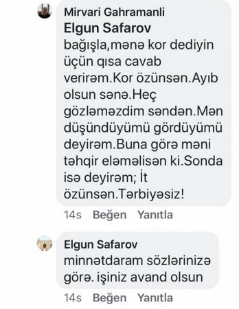 Hicran Hüseynovanın sözçüsü qadınları təhqir etdi: it, kor.. 