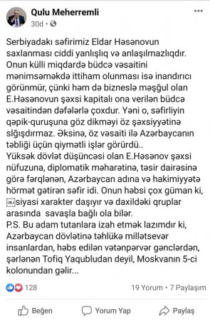 Qulu Məhərrəmli Eldar Həsənovu niyə müdafiə edir? - Silinən bir statusun izi ilə... - FOTO