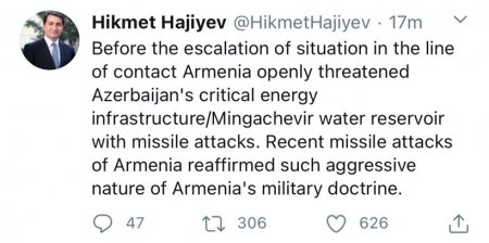 "Ermənistanın son raket hücumları bu ölkənin nə qədər aqressiv olduğunu bir daha təsdiqlədi" 