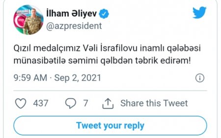 Prezident İlham Əliyev paralimpiyaçı Vəli İsrafilovu qızıl medal qazanması münasibətilə təbrik edib