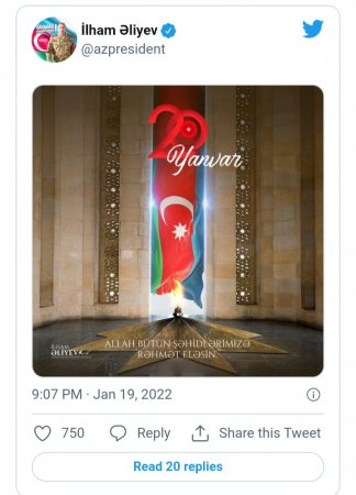 Prezident İlham Əliyev 20 Yanvar faciəsinin ildönümü ilə bağlı paylaşım edib