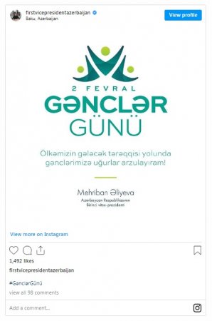 "Ölkəmizin gələcək tərəqqisi yolunda gənclərimizə uğurlar arzulayıram!" - Mehriban Əliyeva
