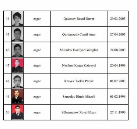 Müdafiə Nazirliyi şəhidlərin adlarını açıqlayıb - Siyahı