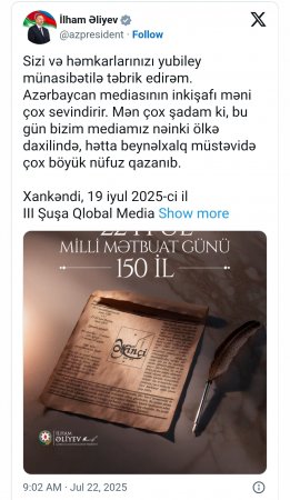 Prezident İlham Əliyev Milli Mətbuat Günü münasibətilə paylaşım edib