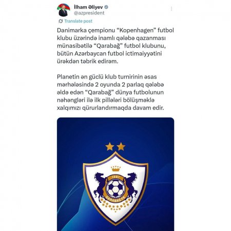 İlham Əliyev "Qarabağ"ı təbrik etdi - FOTO